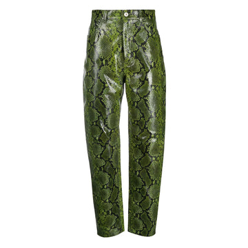 Women's Green Snake Print Leather Pants – Front View.