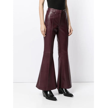 Side profile showing Womens Maroon Flared Leather Pants – Genuine Exotic Look.
