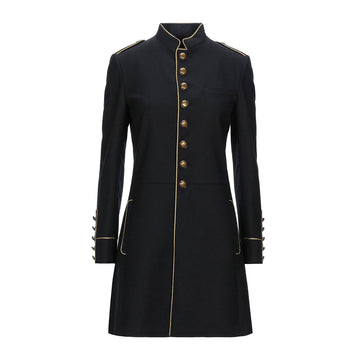 Women’s Military Style Jacket – Black Tailcoat with Gold Trim, High Collar, and Regal Button Detailing for a Bold Statement Look.