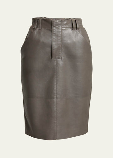 Womens Olive Leather Pencil Skirt – Front View with Real Leather Finish.