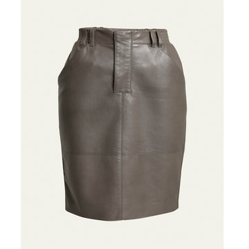 Women’s olive green leather pencil skirt with slim real leather fit – front view fashion outfit
