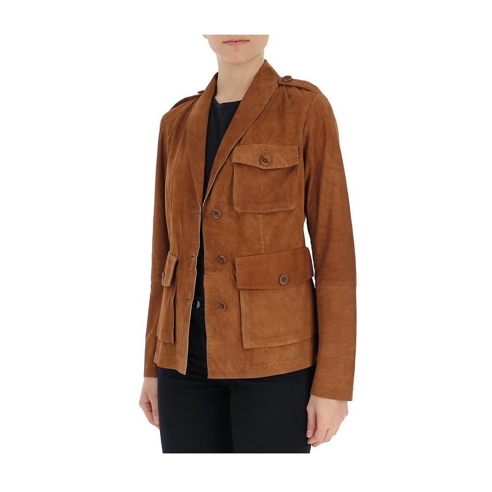 Women’s brown suede officer jacket – close-up of soft suede texture