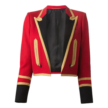 Women’s Red Military Crop Jacket – Vintage Tailcoat Blazer with Gold Button Detailing and a Sharp, Tailored Fit for a Bold Statement.