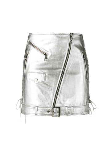 Women's Silver Biker Mini Skirt – Real Leather Front View.