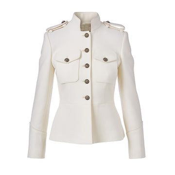 Women’s White Military Jacket – Tailored Wool Officer Coat with a Sharp Fit and Statement Button Detailing for an Elegant Look.