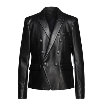 Model wearing black and brown casual men’s leather blazers from Bari Skins – real leather outerwear showcasing comfort and modern elegance.