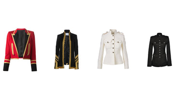 Model wearing black and olive green women’s military jackets with gold buttons – luxury yet affordable outerwear collection by Bariskins.