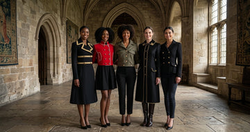 Women's military jacket style guide featuring a modern military-inspired fashion outfit