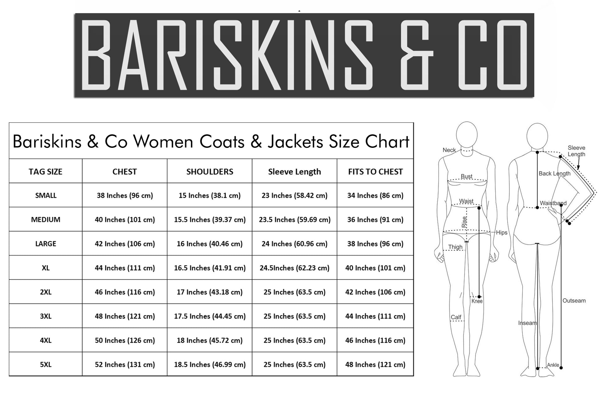 A size chart graphic for Barskins & Co Women's Coats & Jackets, featuring a size table from Small to 5XL with chest, shoulder, sleeve length, and fits-to-chest measurements, alongside body measurement diagrams on two female mannequins.