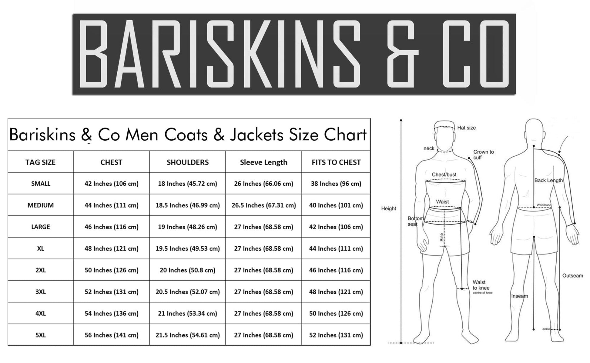 Men’s slim fit moto leather jacket Size Chart – XS to 2XL with Chest, Shoulder, and Sleeve Measurements for Accurate Fit Guide.