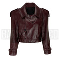 Women’s Burgundy Cropped Leather Jacket – Double-Breasted Moto Style Belted Lambskin Coat