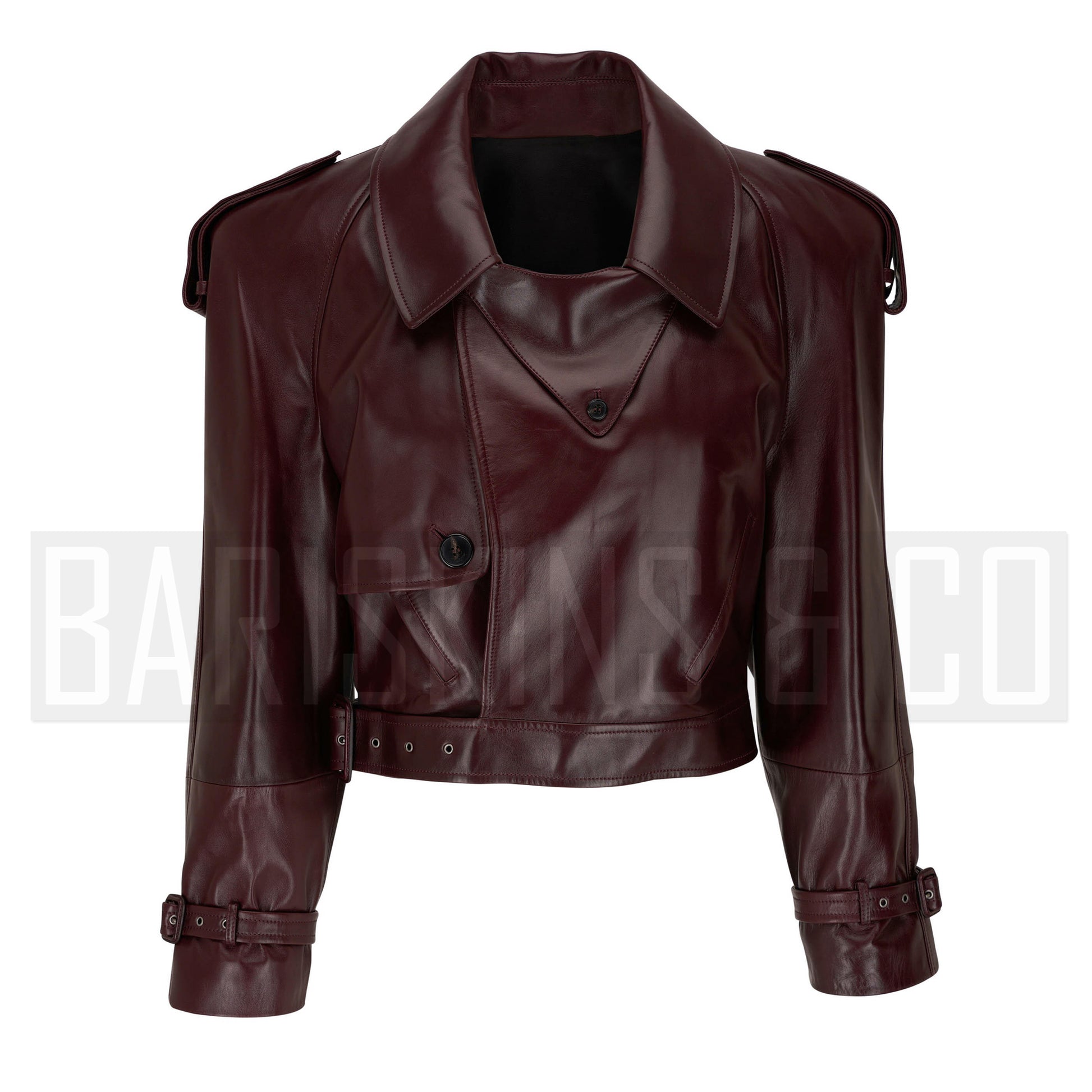 Women’s Burgundy Cropped Leather Jacket – Double-Breasted Moto Style Belted Lambskin Coat