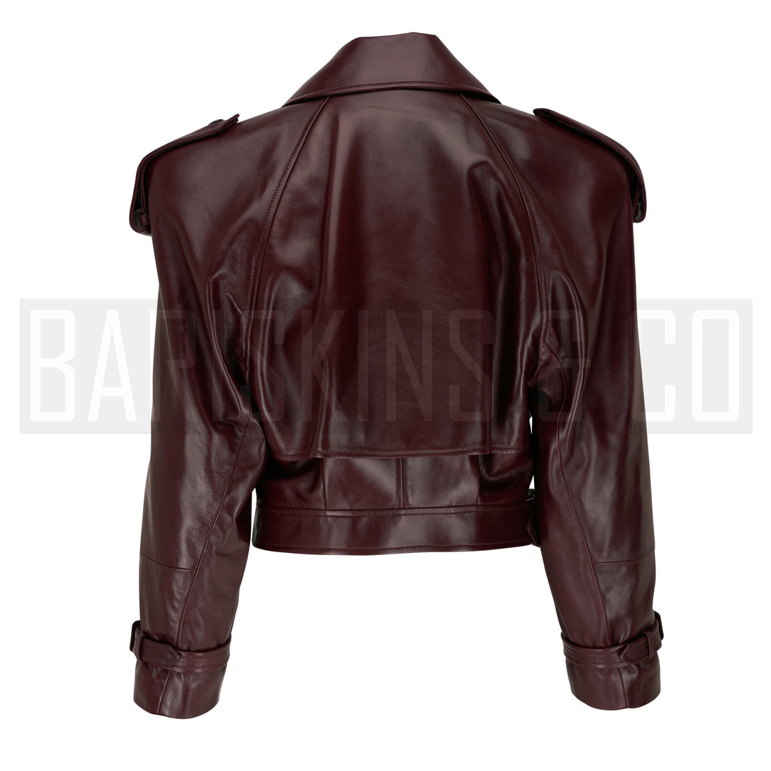 Women’s Burgundy Cropped Leather Jacket – Double-Breasted Moto Style Belted Lambskin Coat