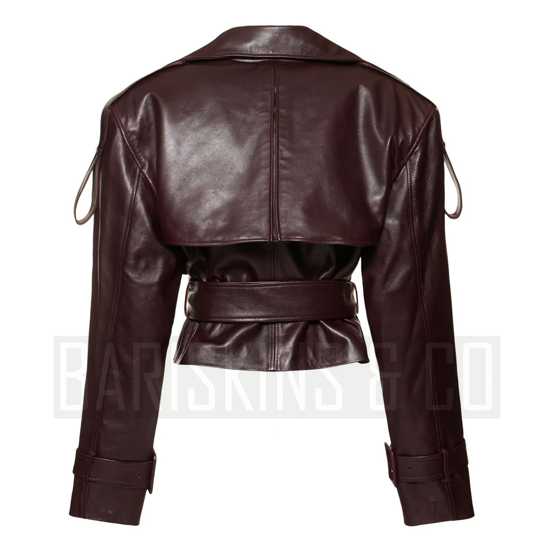 Women’s Burgundy Cropped Leather Jacket – Double-Breasted Moto Style Belted Lambskin Coat