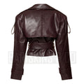 Cropped Burgundy Leather Jacket for Women – Belted Moto Coat in Genuine Lambskin Leather, Short Trench Style
