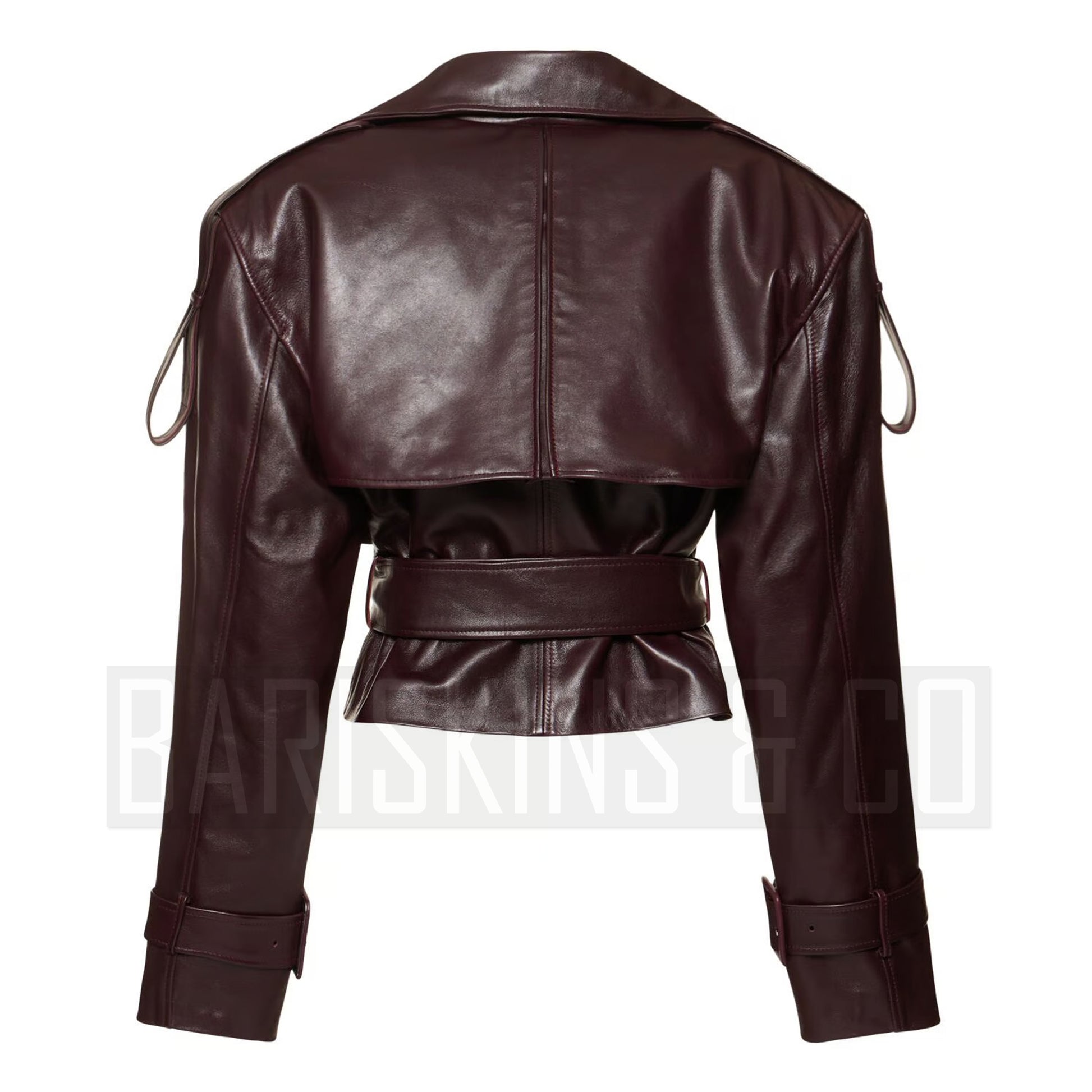 Cropped Burgundy Leather Jacket for Women – Belted Moto Coat in Genuine Lambskin Leather, Short Trench Style