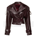 Women’s Burgundy Cropped Leather Jacket – Double-Breasted Moto Style Belted Lambskin Coat
