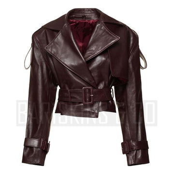 Women’s Burgundy Cropped Leather Jacket – Double-Breasted Moto Style Belted Lambskin Coat