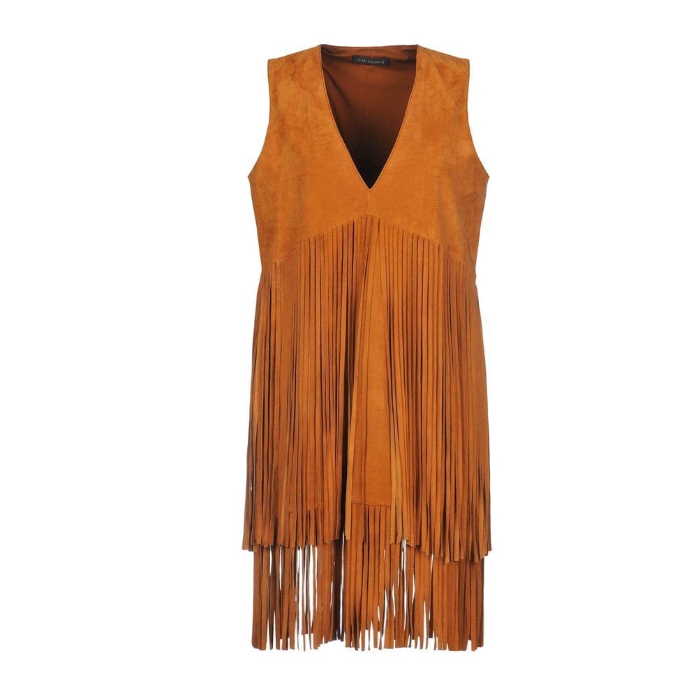 Front View – Women’s Boho Fringe Leather Dress in Tan Brown, Real Suede Western Style