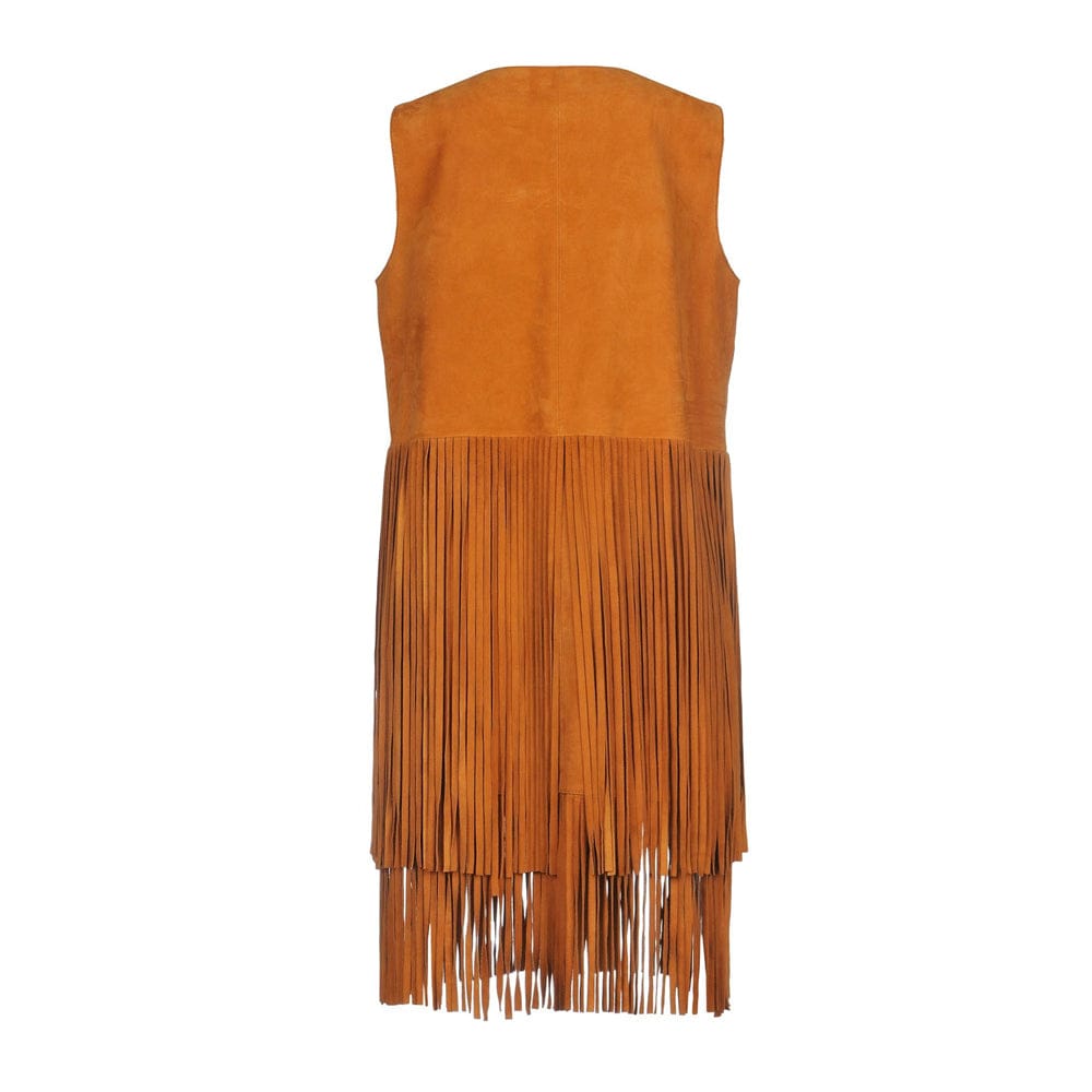 Back View – Tan Suede Leather Fringe Dress for Women, Handcrafted Boho Outfit