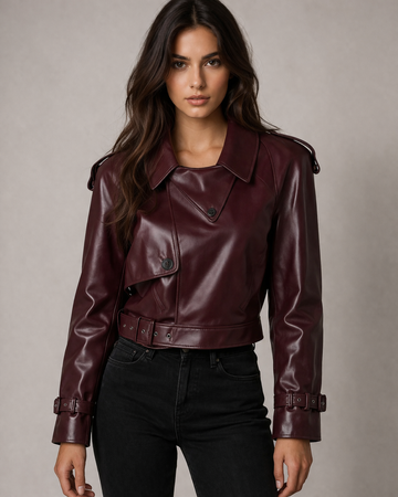 Burgundy Leather Jacket for Women – Cropped Double-Breasted Moto Style Belted Coat