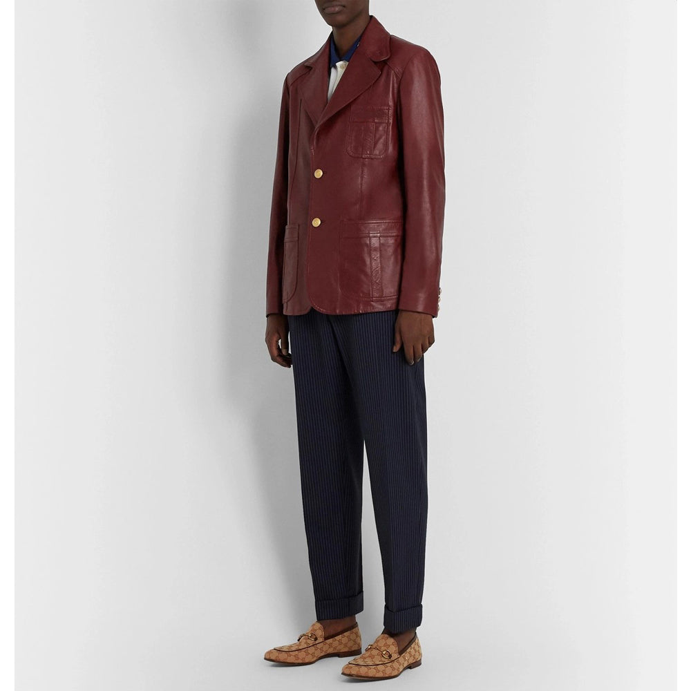 Luxury burgundy leather blazer for men – left profile.