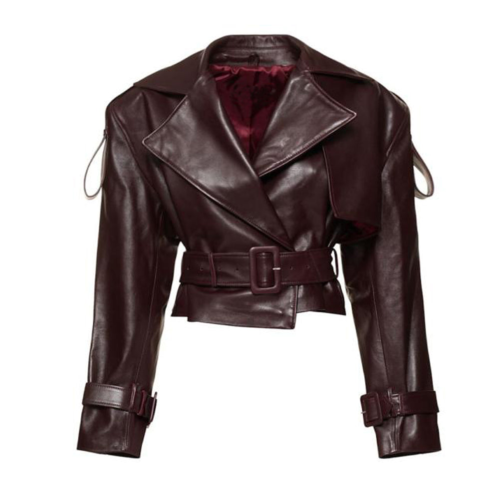 Cropped leather jacket womens in burgundy with belted moto coat and short trench style