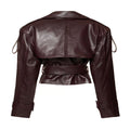 Women’s burgundy cropped leather jacket featuring belted moto design and trench-inspired look
