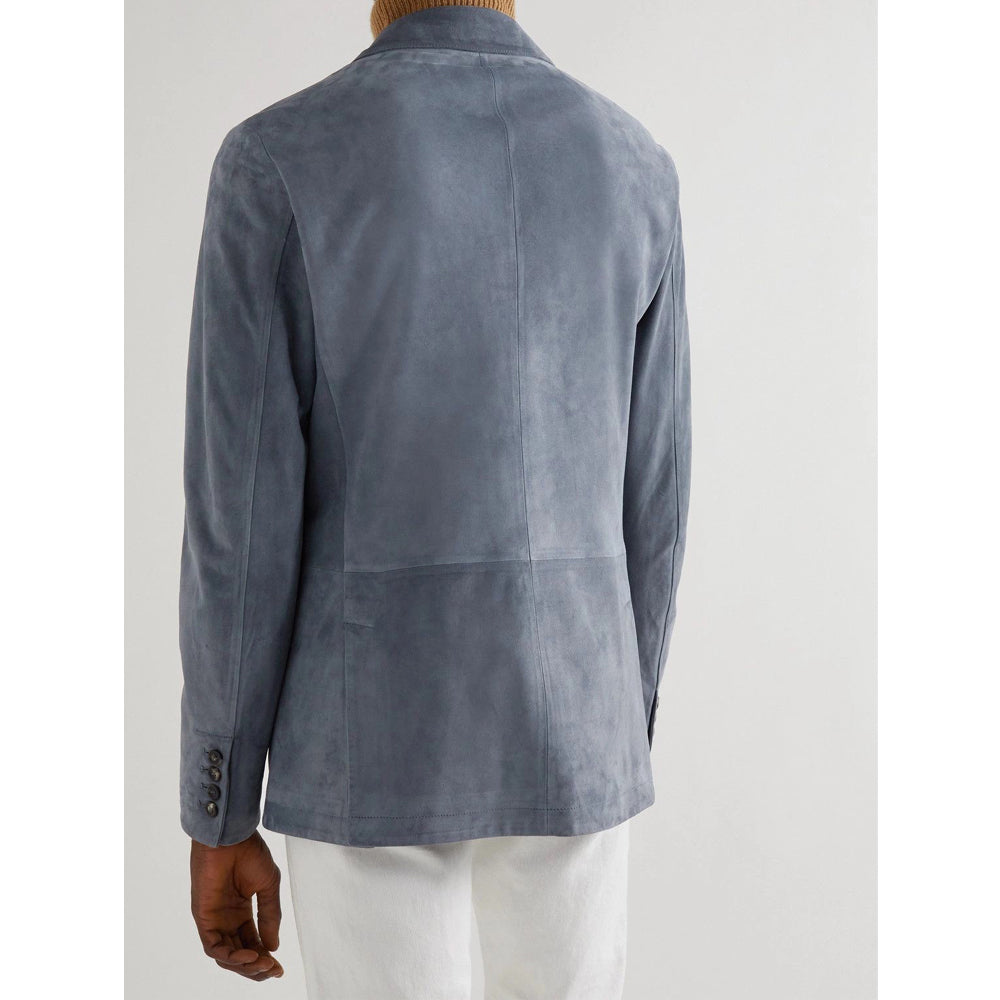 Stylish suede leather blazer, sharp lapels, refined craftsmanship, men's vintage sport coat, sophisticated fashion.