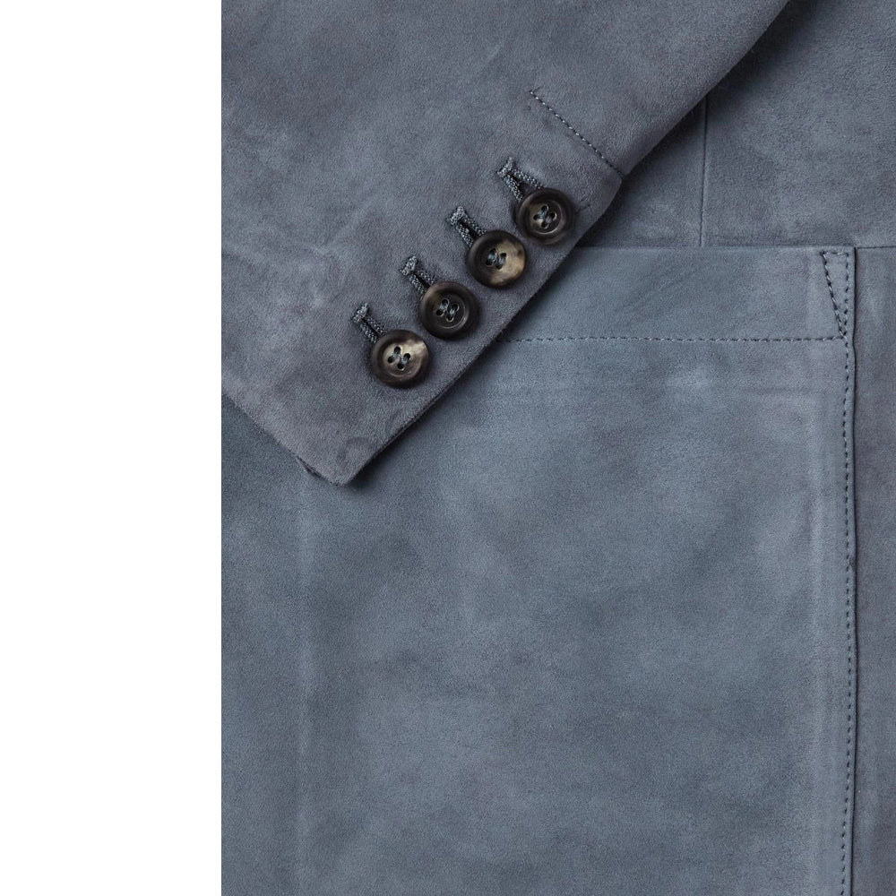 Detailed cuff, Pocket design, premium suede leather, buttoned sleeves, fine stitching, luxury men’s sport coat.
