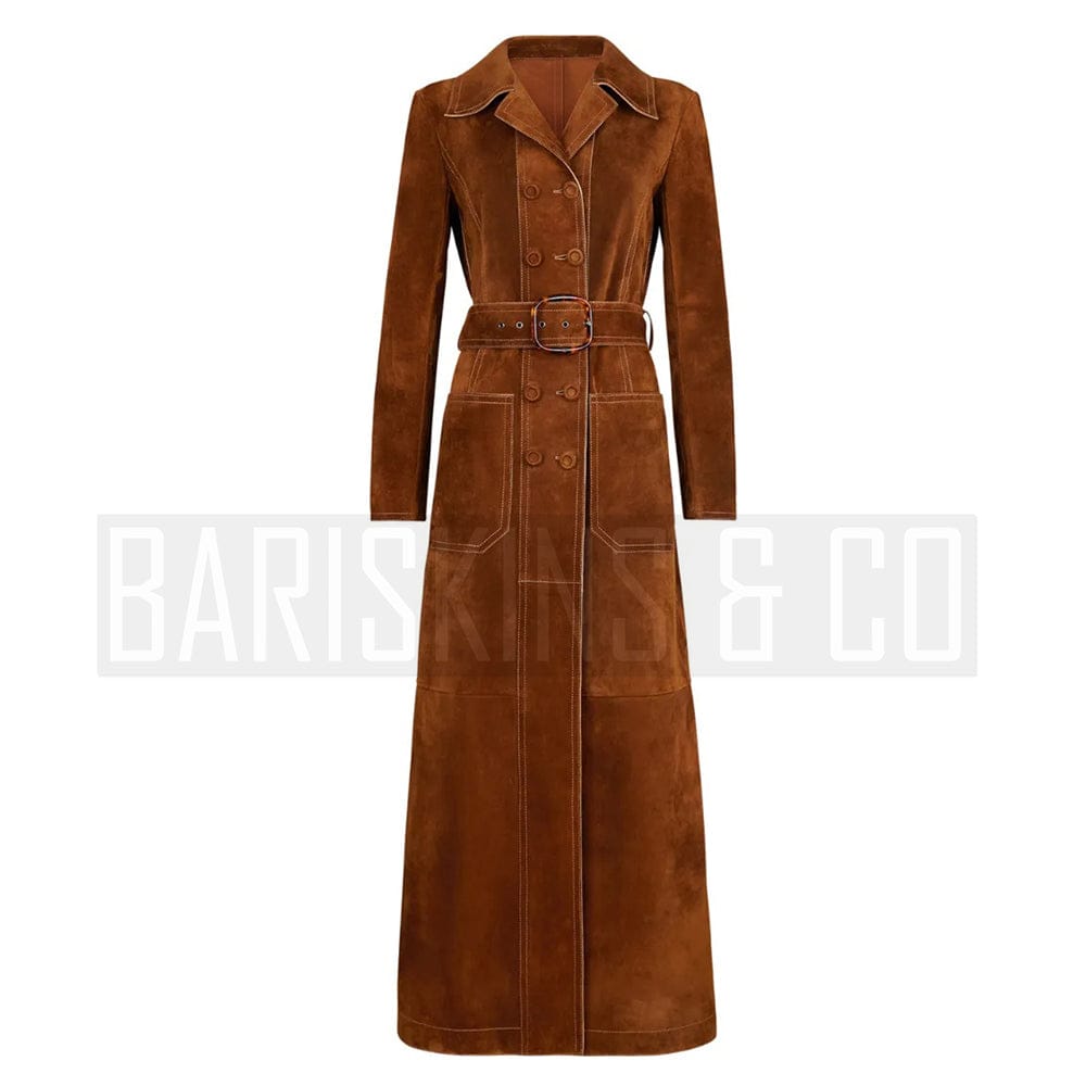 Women’s Brown Suede Trench Coat – Long Classic Outerwear front view