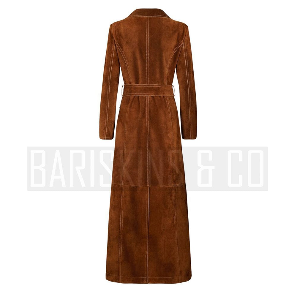 Long brown suede trench coat for women – back view with waist belt
