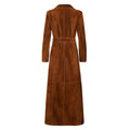 Women’s brown suede trench coat long length with waist belt and classic tailored silhouette