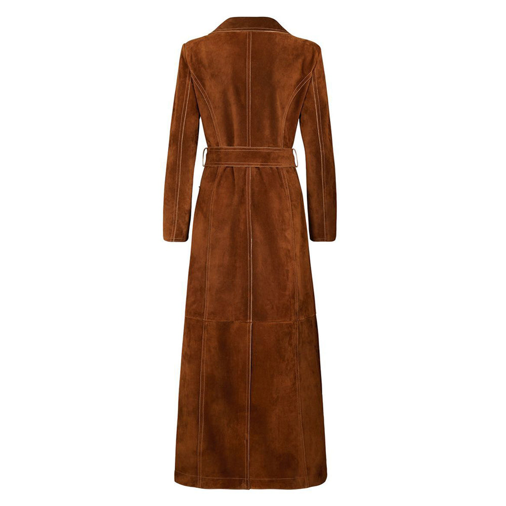 Women’s brown suede trench coat long length with waist belt and classic tailored silhouette
