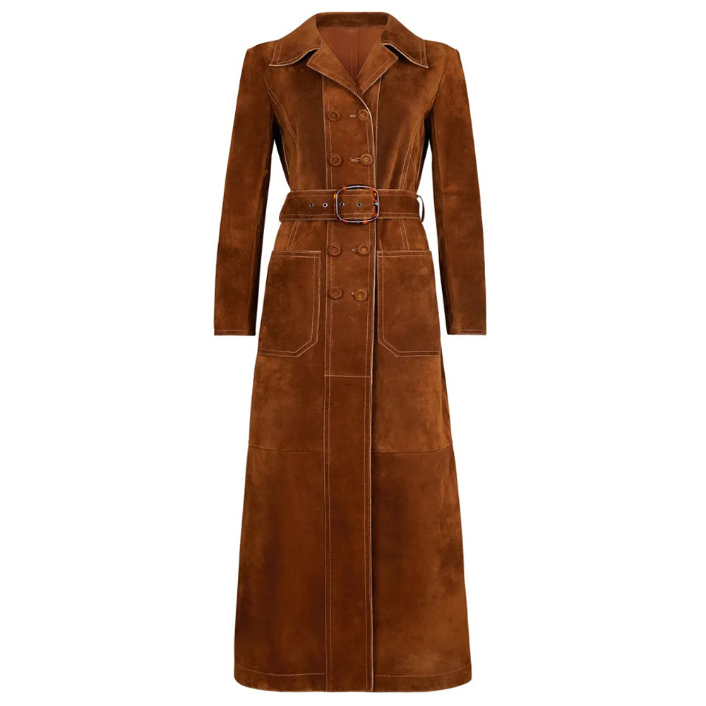Long brown suede leather coat for women with belted trench style and elegant full-length design