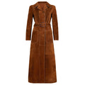 Long brown suede leather coat for women with belted trench style and elegant full-length design