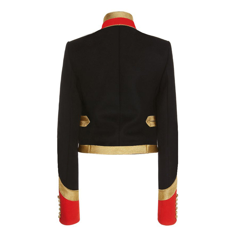 Women’s Black & Gold Military Jacket – Vintage Steampunk Coat with Ornate Gold Embellishments, a Tailored Fit, and Classic Military-Inspired Detailing.