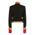 Rear View of Women’s Black & Gold Military Jacket – Elegant Vintage Steampunk Coat Featuring a Structured Silhouette, Regal Gold Accents, and a Timeless Design.