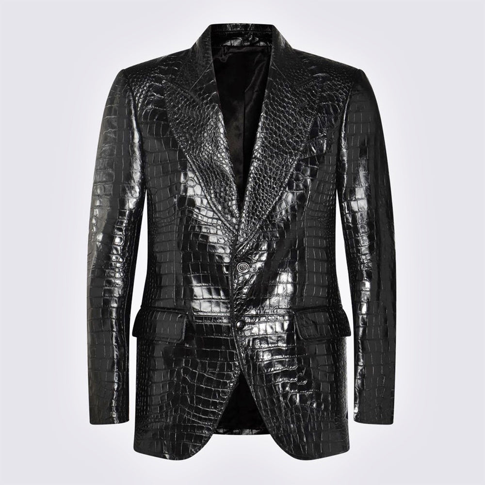 Men’s black croc-embossed leather blazer – front view.
