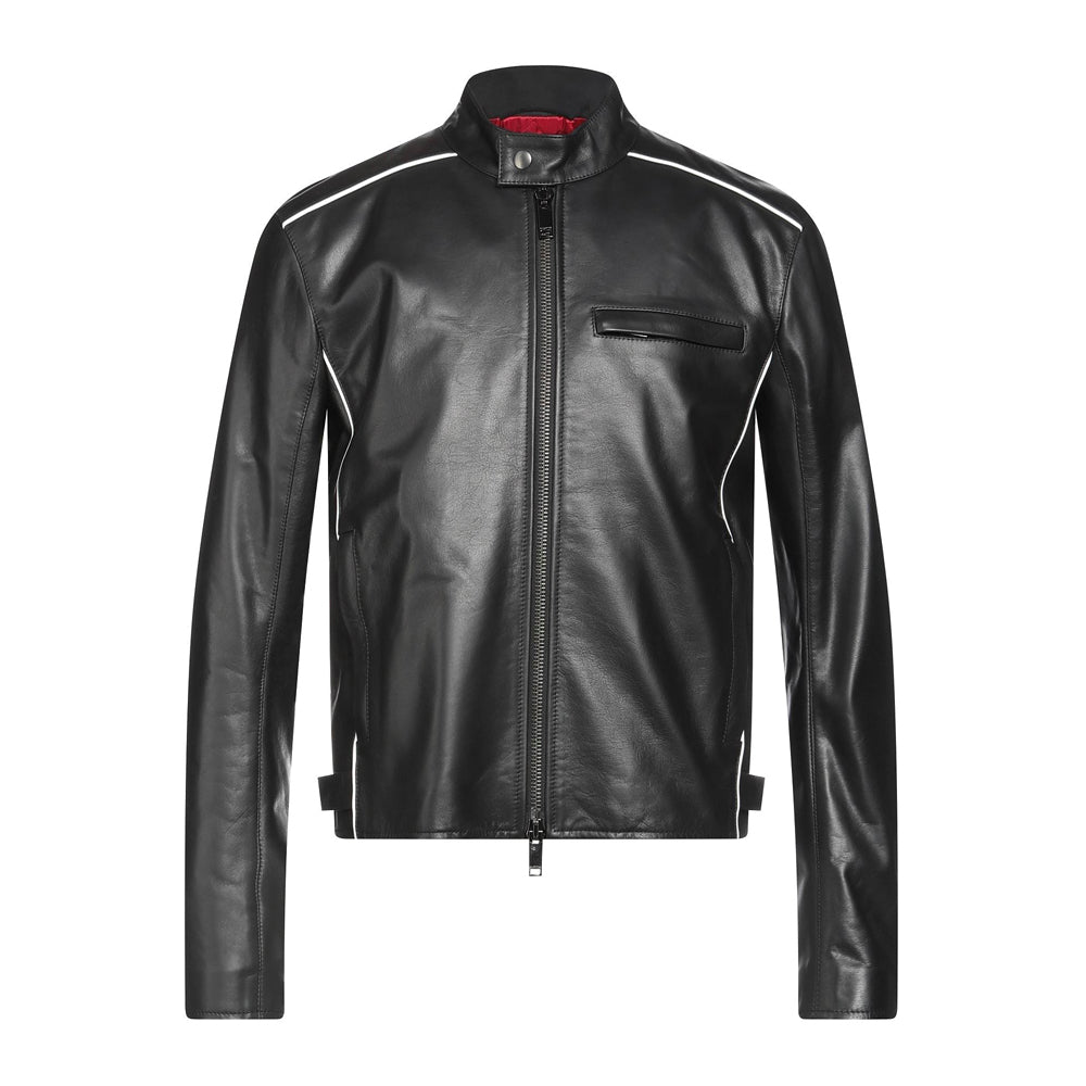 Mens black real leather racer jacket – classic café style front view