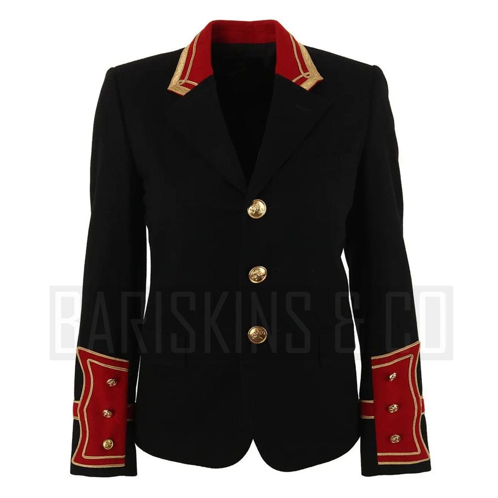 Men’s Black Wool Military Jacket – Gold Button Blazer Front View