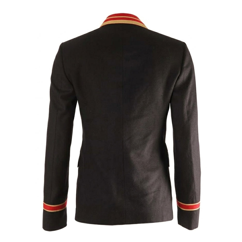 Men’s black wool military jacket with gold buttons in classic blazer style and tailored fit