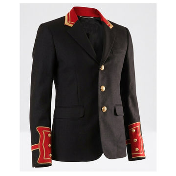 Men’s black wool military jacket with gold buttons in classic blazer style and tailored fit