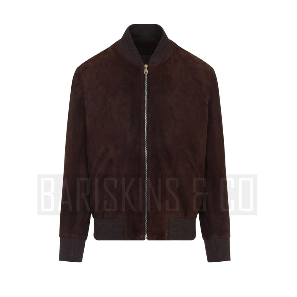 Men’s Brown Suede Leather Jacket – Premium Bomber Style front view