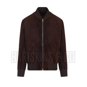 Men’s Brown Suede Leather Jacket – Premium Bomber Style front view