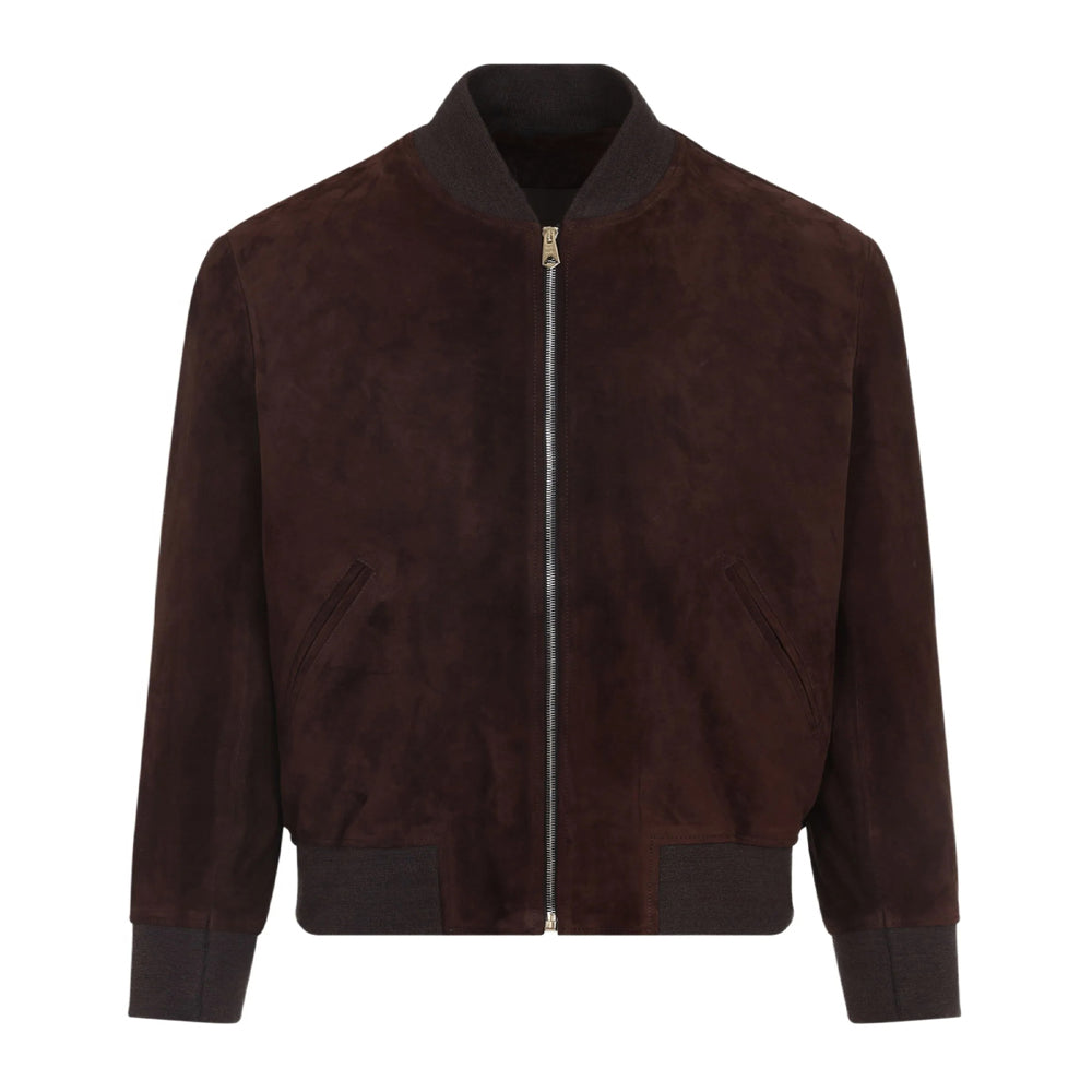 Men’s brown suede leather jacket in premium bomber style with soft, high-quality leather finish
