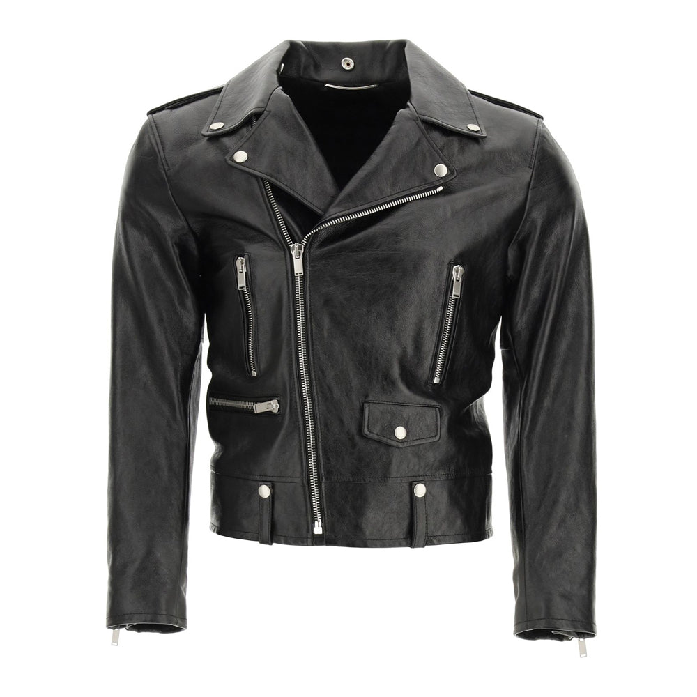 Men’s classic black leather biker jacket – real lambskin fit front view