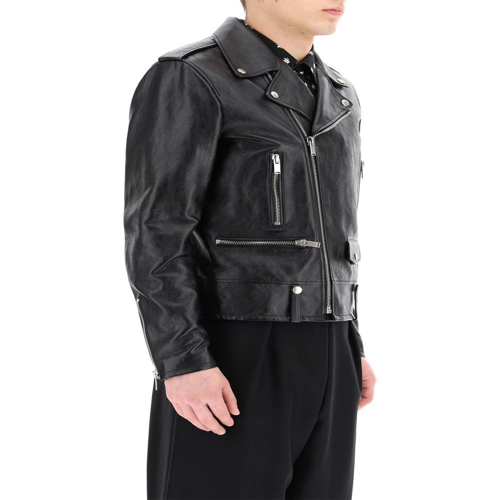 Real lambskin leather biker jacket men – side angle showing slim fit