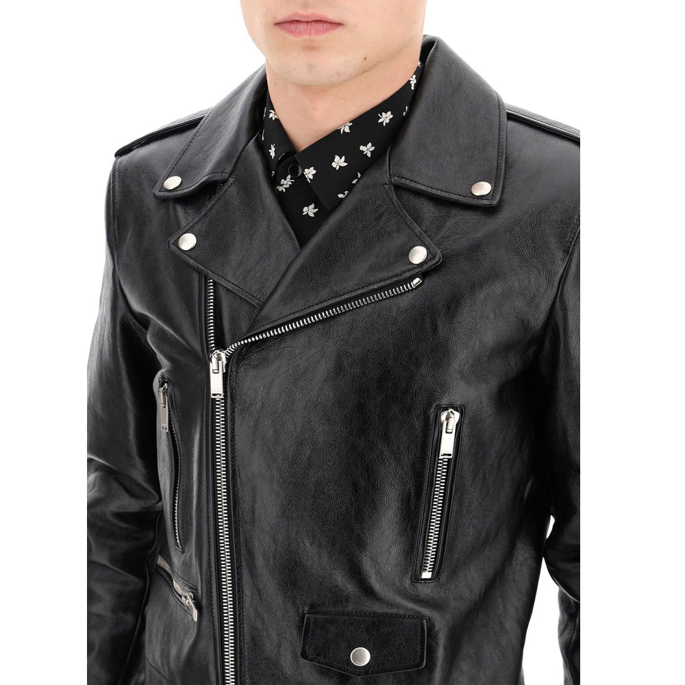 Men’s black moto jacket – close-up of zippers and lapel collar
