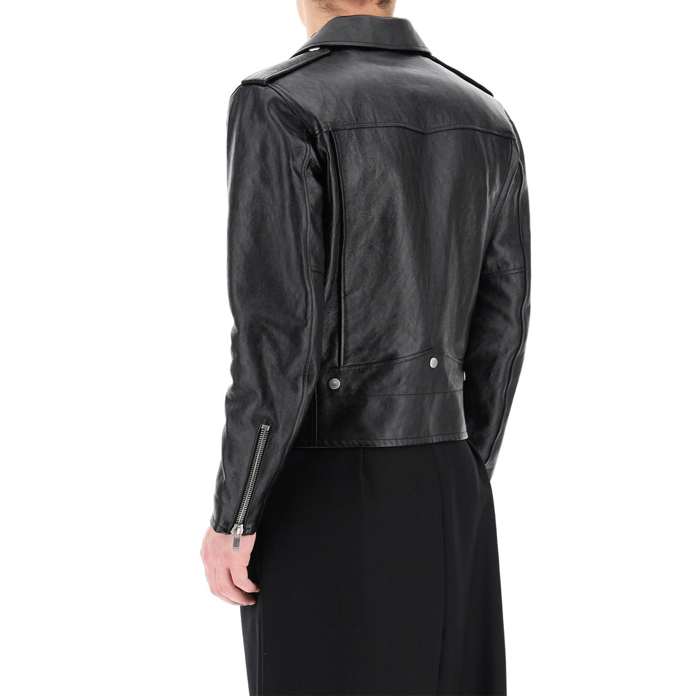 Men’s black moto jacket – close-up of zippers and lapel collar